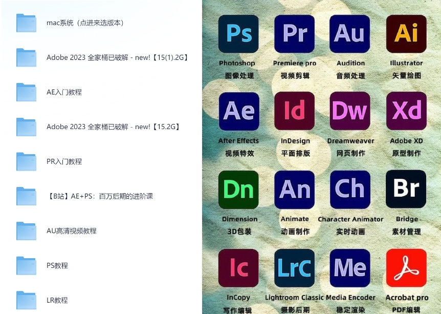 Adobe全家桶合集-MAC系统+Windows系统+教程-PS、PR、LR、AE、AU、AI PDF等等